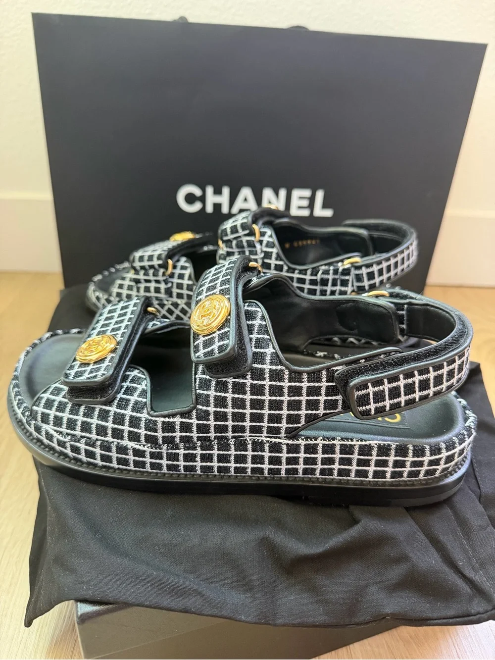 CHANEL Black White Tweed Double-Strap Sandals with Gold CC Buttons